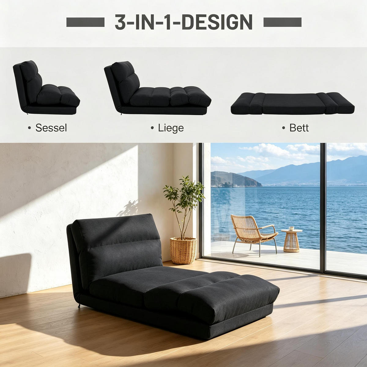 SCHLAFSESSEL DE-33491 5-fach verstellbar mit Bettfunktion Schwarz - Schwarz, Metall (70/56/72cm)