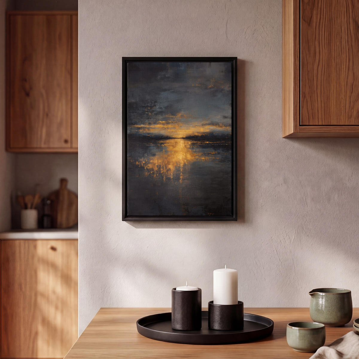 LEINWAND Bilder mit Rahmen - Goldene Reflexion auf dem Wasser - 20x30 - Anthrazit, Textil (20/30cm) - MuchoWow