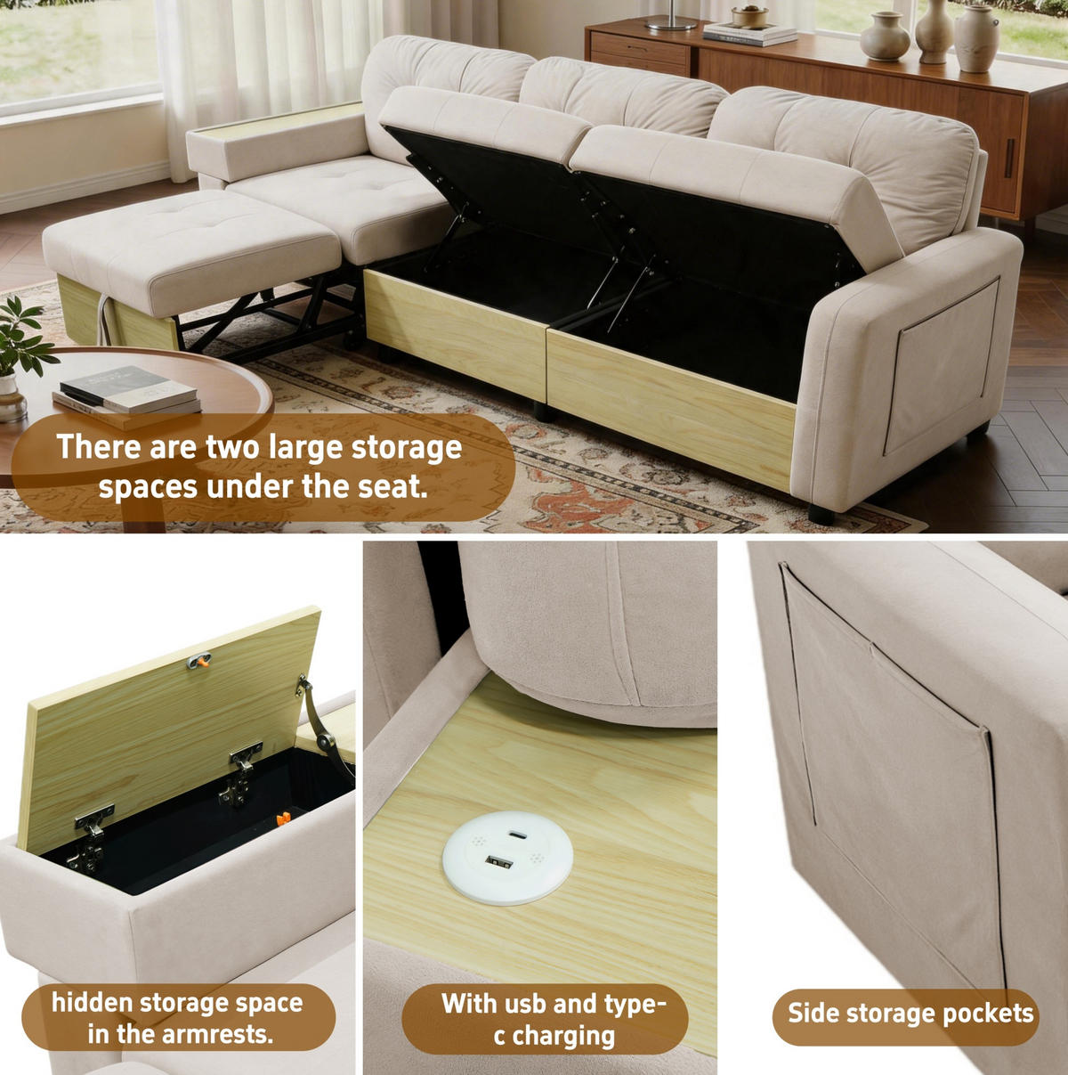 ECKSOFA 228/80/78 cm aus Samt mit Ottomane, USB-Anschluss und Stauraum Beige - Beige, Textil (80/228cm) - Modenvie