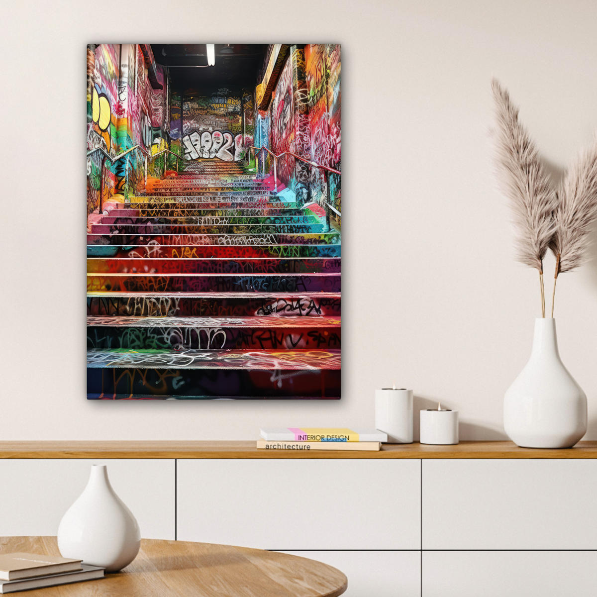 LEINWANDBILD Treppe - Graffiti - Farben - Kunst 60x80 cm - Multicolor, Textil (60/80cm) - MuchoWow