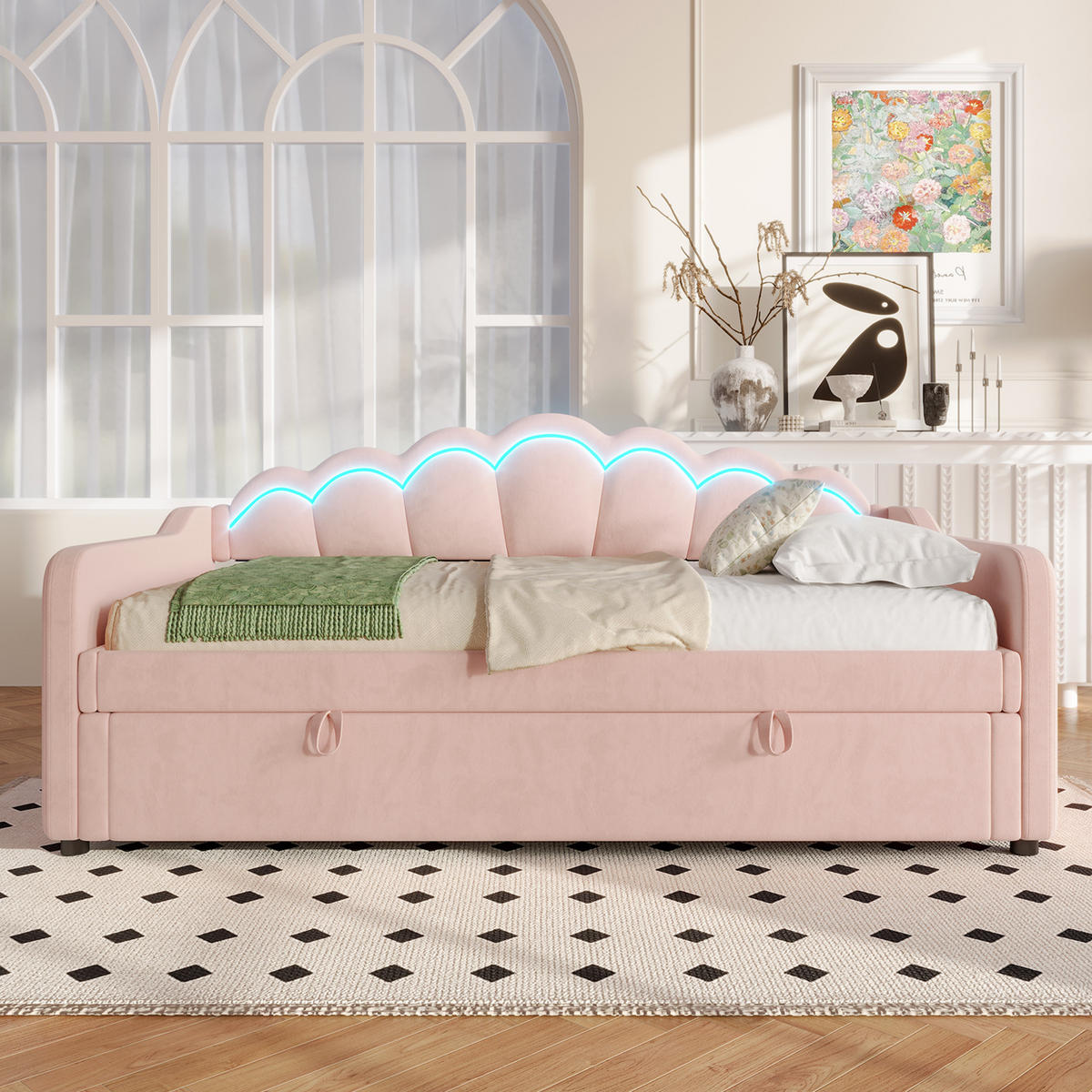 POLSTERBETT aus Samt 90x200 cm in Rosa mit Stauraum & LED-Lichtleiste - Rosa, Textil (90/200cm) - Modfu