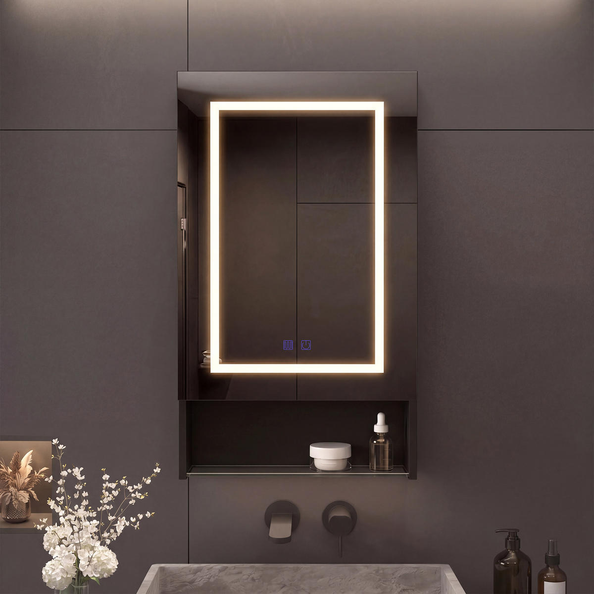 SPIEGELSCHRANK einzeltürig 50/88/16 cm, 3-farbig LED, untere Glasablage, Schwarz - Schwarz, Glas (50/88/16cm) - BRILVERDE