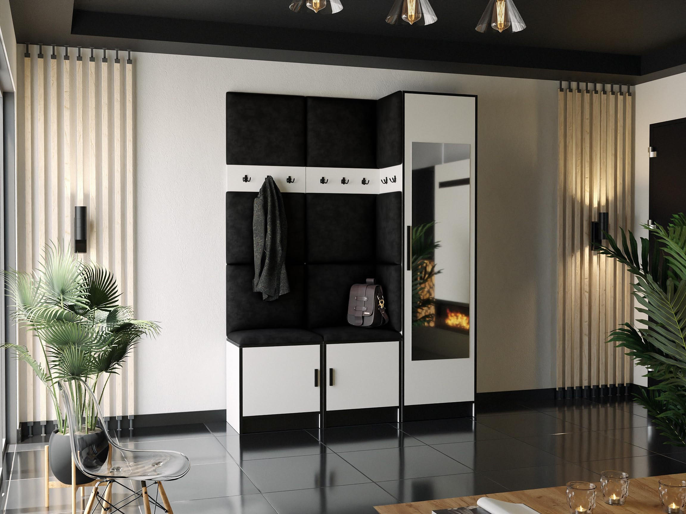 GARDEROBE ROJ 20 - 159,6x205x39cm Weiß + Stoff Schwarz - Schwarz/Weiß, Holzwerkstoff (159.6/205/39cm) - Kier Furniture