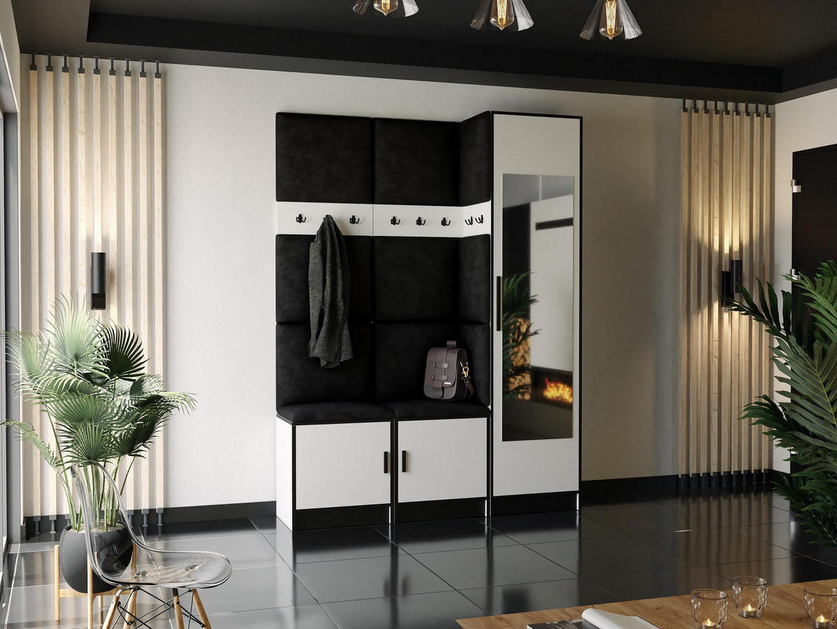 GARDEROBE ROJ 20 - 159,6x205x39cm Weiß + Stoff Schwarz - Schwarz/Weiß, Holzwerkstoff (159.6/205/39cm) - Kier Furniture