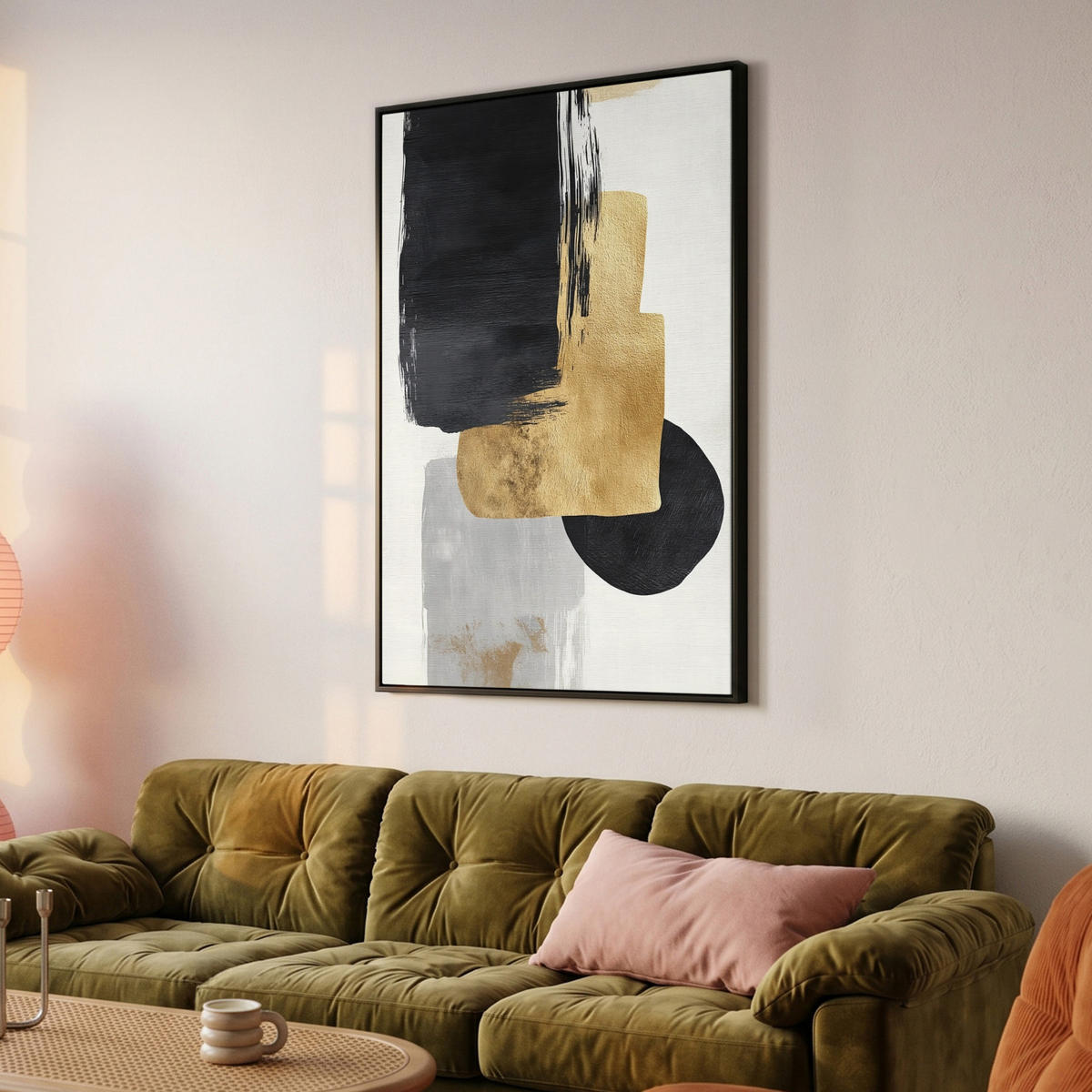 LEINWAND Bilder mit Rahmen - Gold - Rechtecke - Kreise - Abstrakt - 80x120 - Weiß, Textil (80/120cm) - MuchoWow