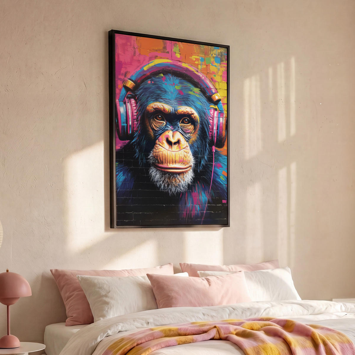 LEINWAND Bilder mit Rahmen - Graffiti - Schimpanse - Straßenkunst - Kopfhörer - Affe - 100x150 - Blau, Textil (100/150cm) - MuchoWow