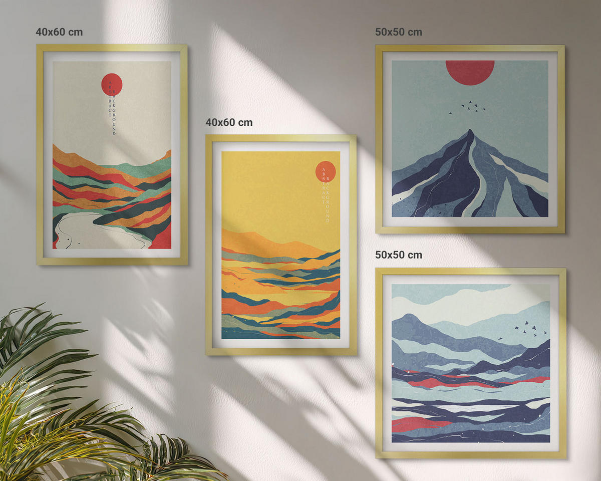 BILDER SET 4er Set - 50x50 cm & 40x60 cm Goldrahmen - Farbenfrohe abstrakte Flussberge - Goldfarben, Kunststoff (50/50cm) - TULUP