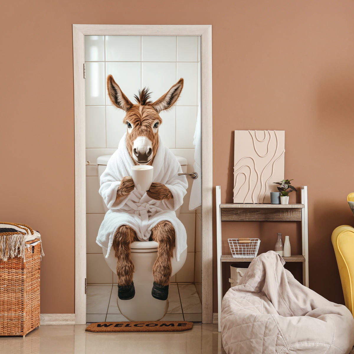 FOTOTAPETE Tür - Esel - WC - Lustig - Bademantel - Tier 75x205 cm - Beige, Kunststoff (75/0.1cm) - MuchoWow