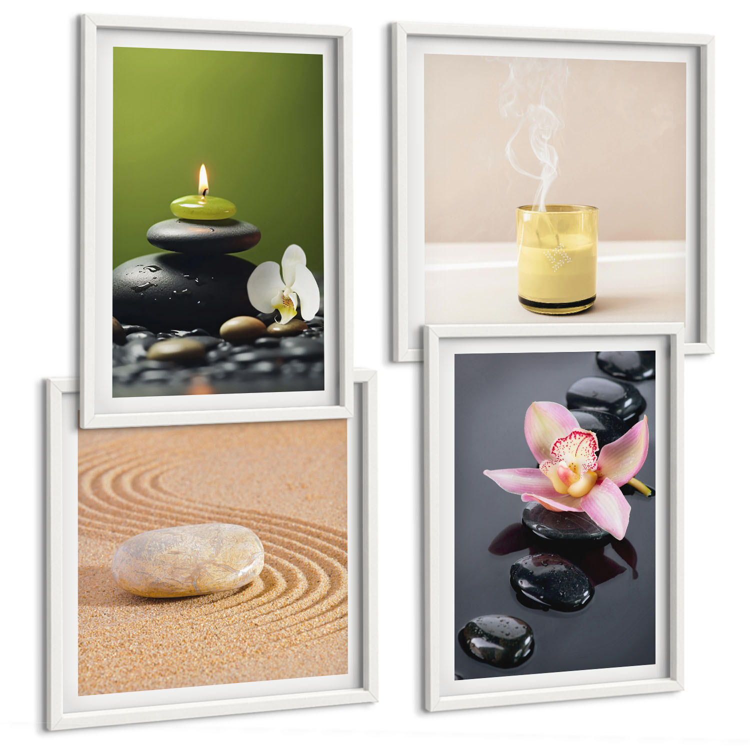 BILDER SET 4er Set - 50x50 cm & 40x60 cm Weißer Rahmen - Entspannende Zen-Steine für inneren Frieden - Weiß, Kunststoff (50/50cm) - TULUP