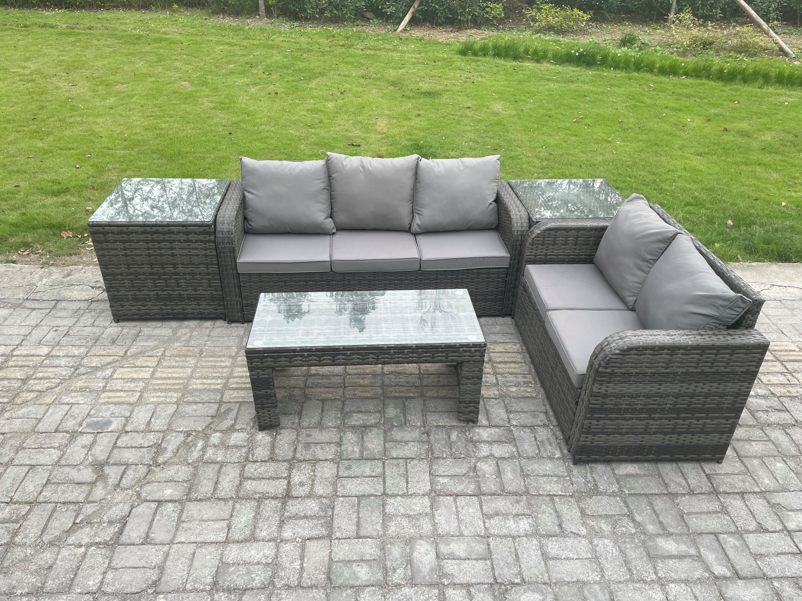 GARTENMÖBEL SET mit Sofa Polyrattan 5-Sitzer Dunkelgrau - Dunkelgrau/Grau, Glas/Kunststoff - Fimous