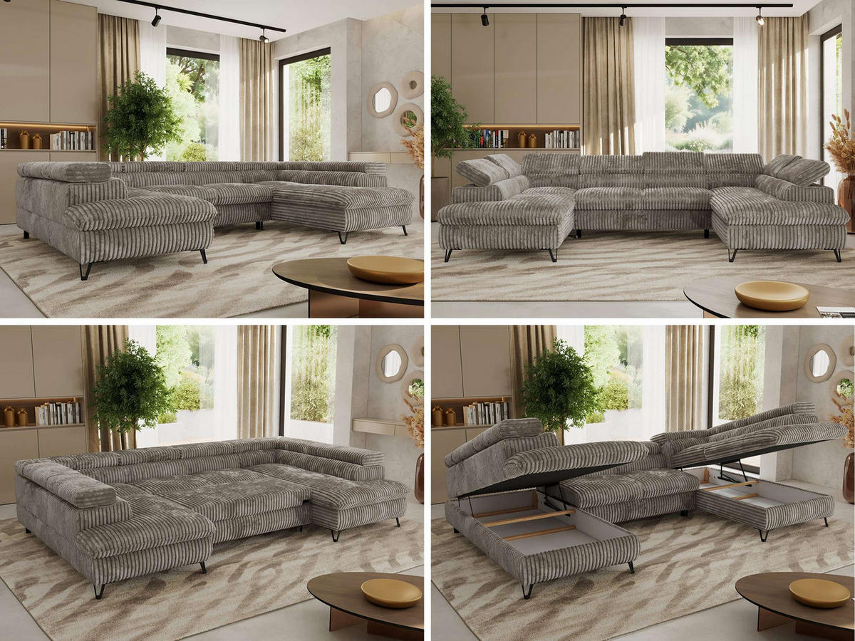 WOHNLANDSCHAFT PABLO U Cord Hellbraun mit Topper Visco - Schwarz/Grau, Textil/Metall (346/76/208cm) - MKS