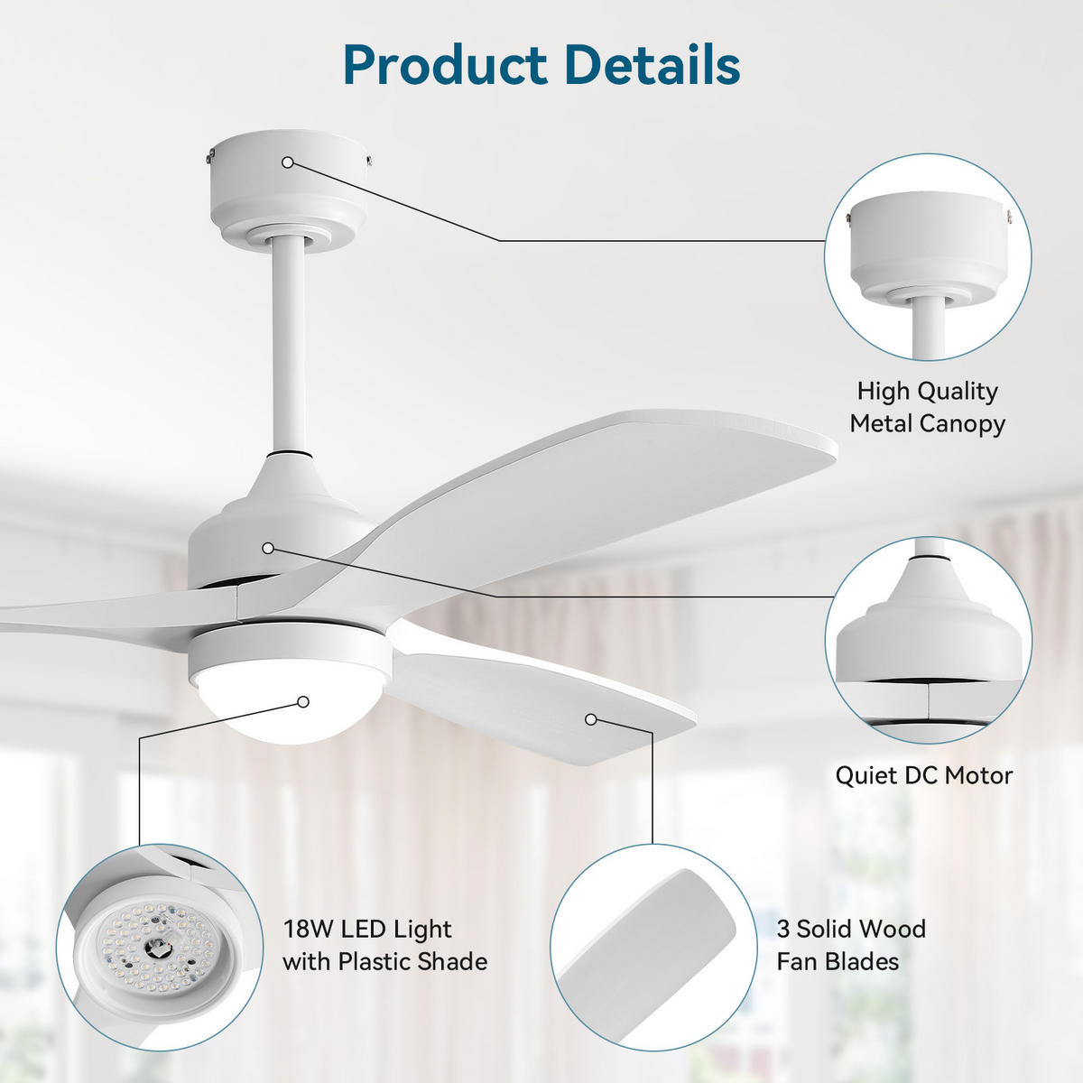 DECKENVENTILATOR 52Zoll Weiß LED Licht DC Motor Massivholz Flügel - Weiß, Kunststoff (132.08/132.08/28.8cm) - CASIVA