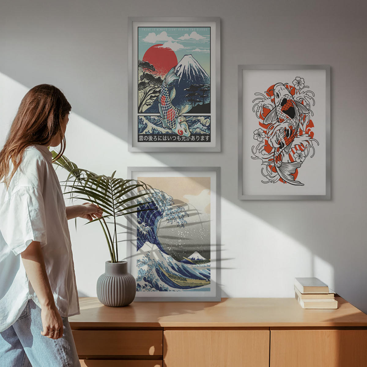 BILDER SET 3er Set - 40x60 cm Silberner Rahmen - Berge von Fischen Große Welle Japan - Silberfarben, Kunststoff (40/60cm) - TULUP