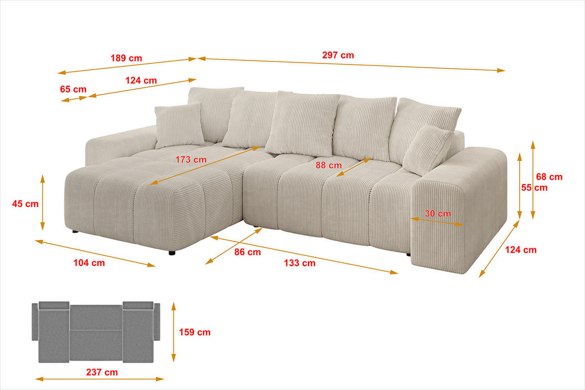 ECKSOFA Ottomane links/rechts ENIL-L 297x189x68 Beige Cord - Beige, Holzwerkstoff/Kunststoff (297/189cm) - ALTDECOR