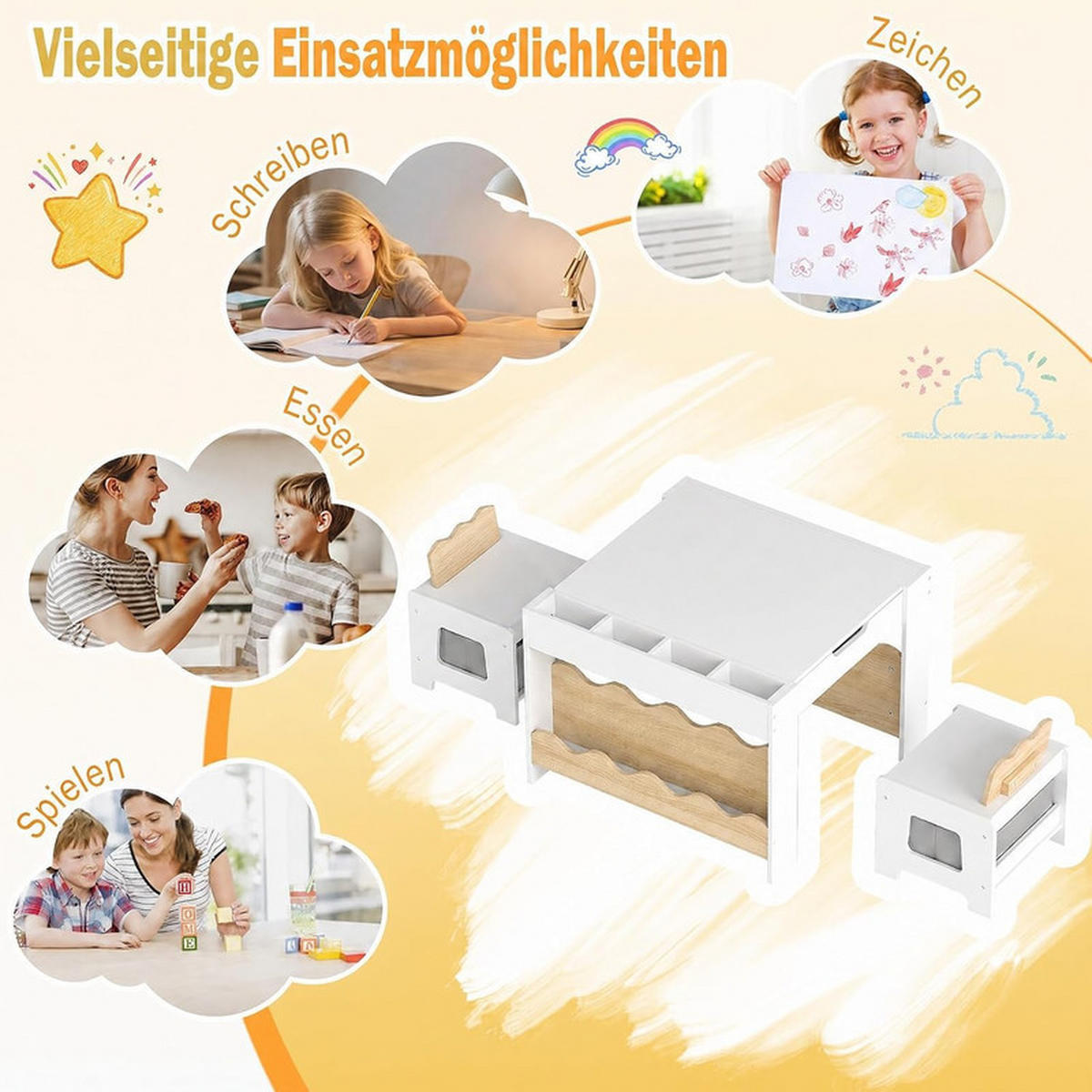 KINDERTISCH mit Stuhl natur(3-tlg) - Naturfarben, Holzwerkstoff (66/48/64cm) - COSTWAY