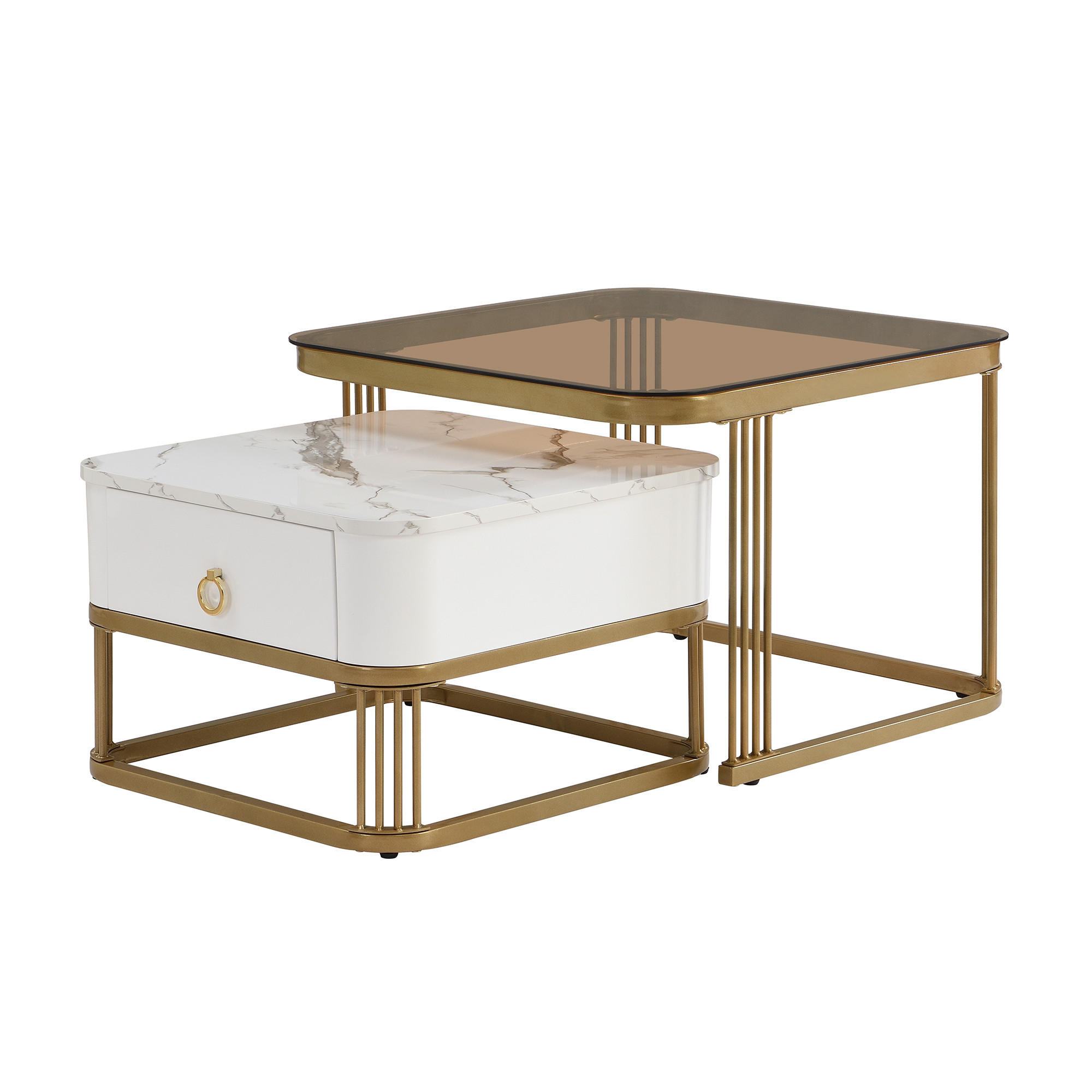 COUCHTISCH-SET Weiß mit Glasplatte, Schublade und Marmoroptik - Weiß, Metall (60/60/42cm)