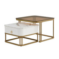 COUCHTISCH-SET Weiß mit Glasplatte, Schublade und Marmoroptik - Weiß, Metall (60/60/42cm)