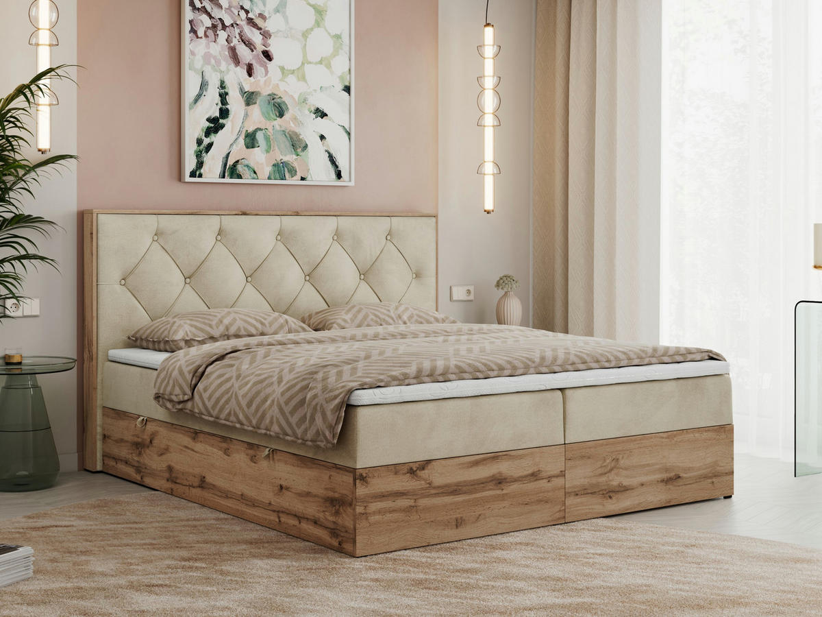 BOXBETT VENETO 180/200 Beige Velvet - H3 - Beige, Holz/Textil (180/200cm) - MKS