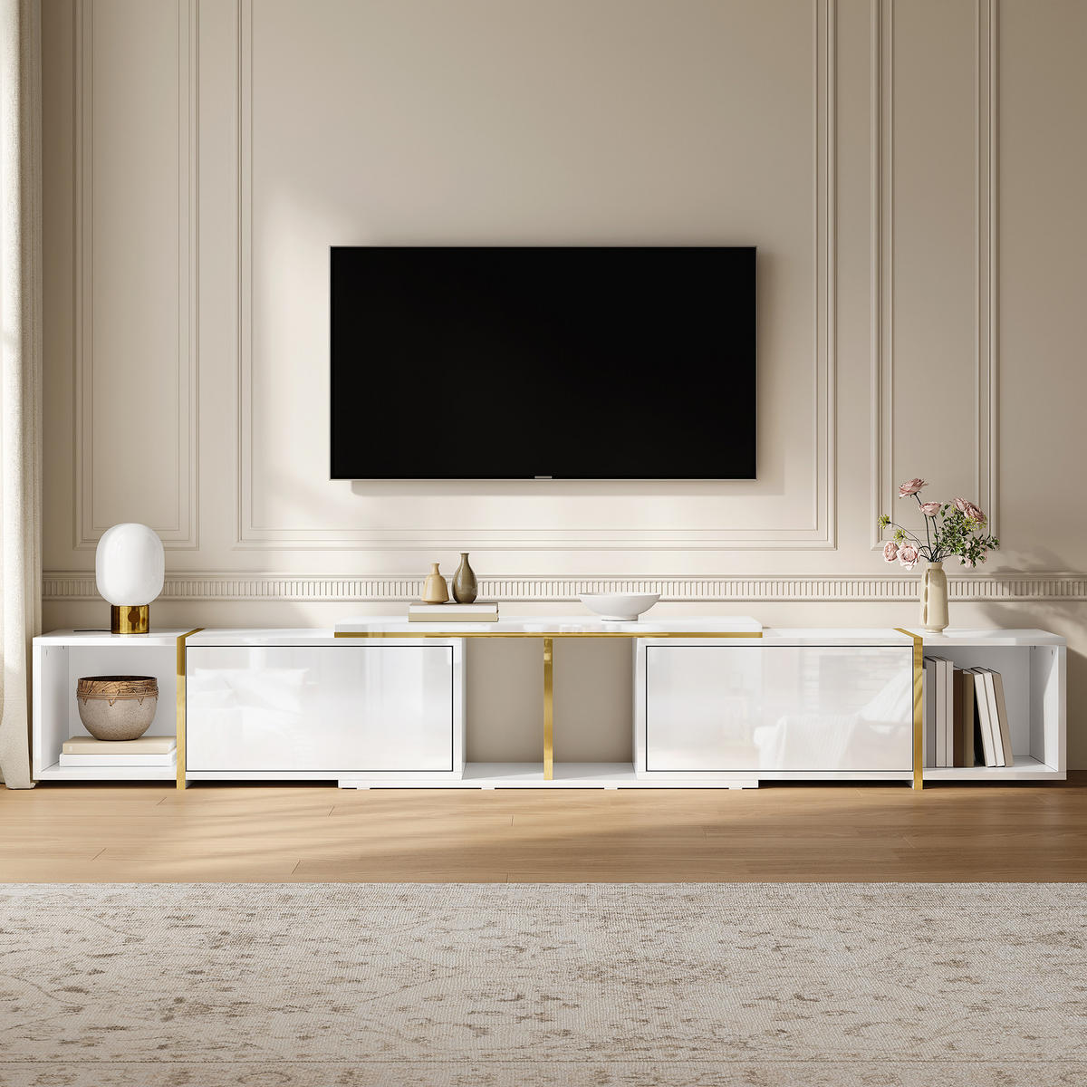 TV-LOWBOARD ausziehbar 275 x 35 x 37 cm, Spanplatte, Hochglanzfronten, Weiß - Weiß, Holzwerkstoff (275/37/35cm)
