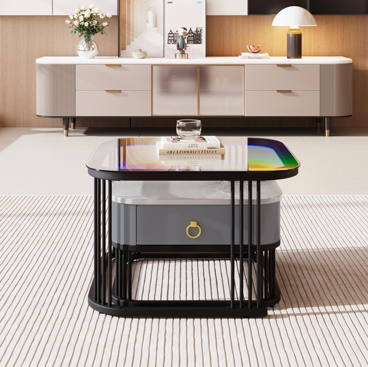 COUCHTISCH 2er-Set 60/60/44,5 + 50/50/34,5 cm mit Schubladen in Marmoroptik - Schwarz, Holzwerkstoff (60/60/45cm) - Flora Grace