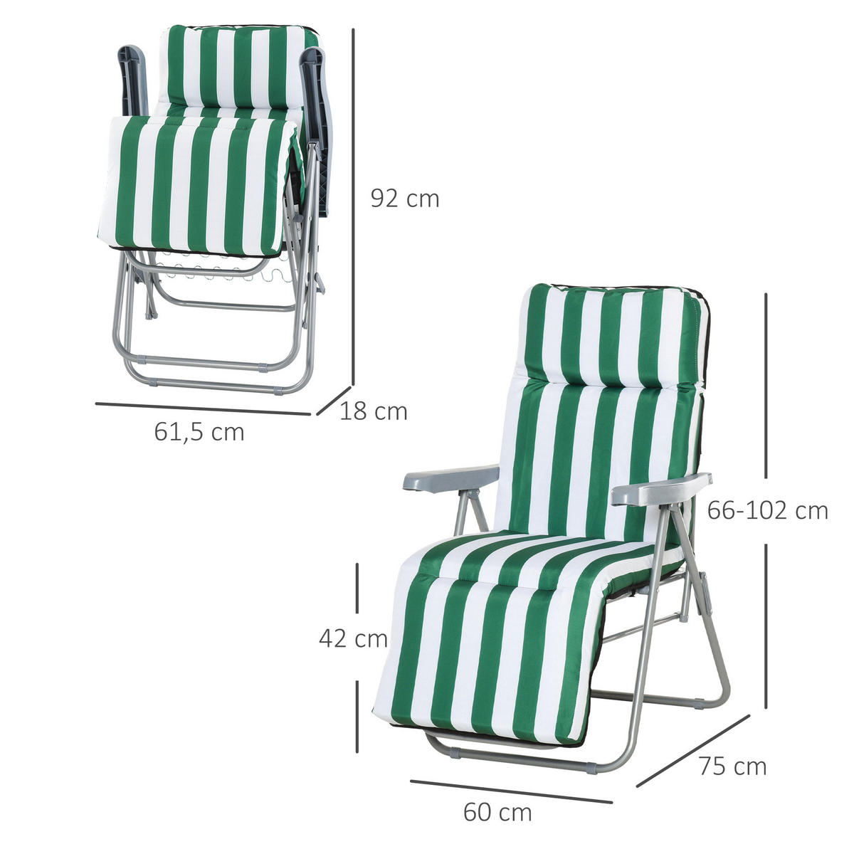 LEHÁTKO, 5 poloh, ocel, polyester, pěna, zelená - zelená barva, plast (75/102/60cm) - Outsunny