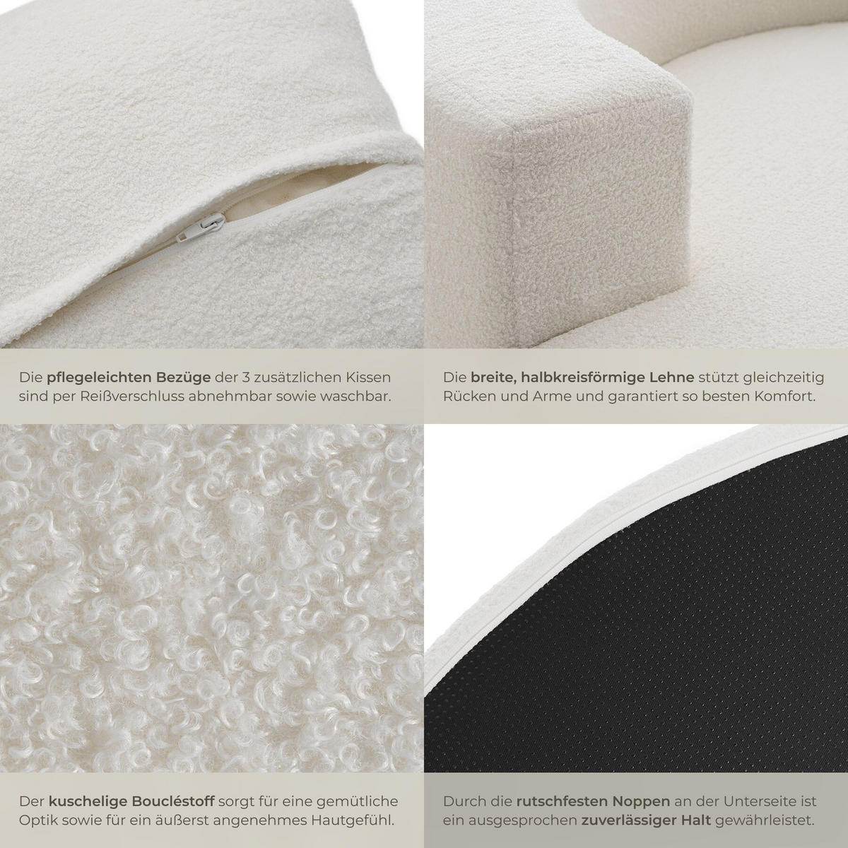 RELAXSESSEL Love, Ø 127 x 60 cm, mit 3 Kissen, Bouclé creme - Creme, Kunststoff/Textil (127/60/127cm) - tectake