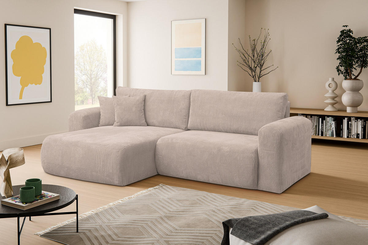 ECKSOFA Roma, Eckcouch in L-Form mit Schlaffunktion und Bettkasten, Farbe: Braun, Cordstoff, Ottomane Universal - Braun, Textil (244/142cm) - VENASI MÖBEL