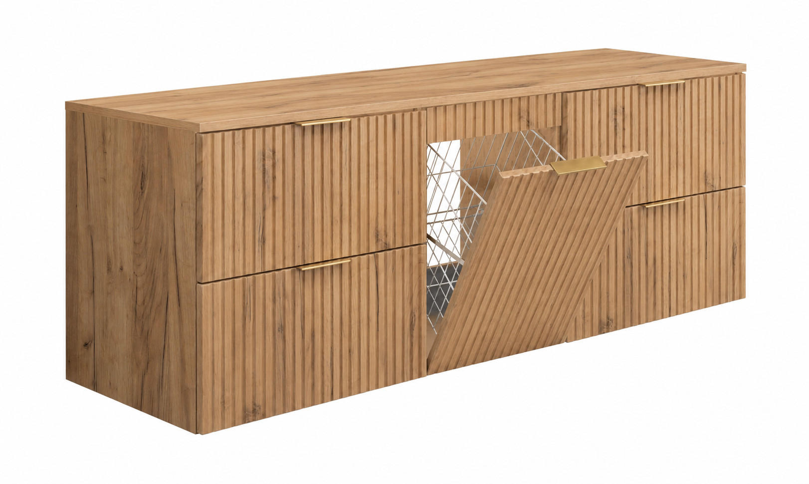 BADMÖBEL-SET MIT WÄSCHEKORB: Eiche Craft, Griffe Gold, 160 x 46 x 57 cm - Eichefarben/Goldfarben, Holzwerkstoff (160/57/46cm) - 3XE LIVING