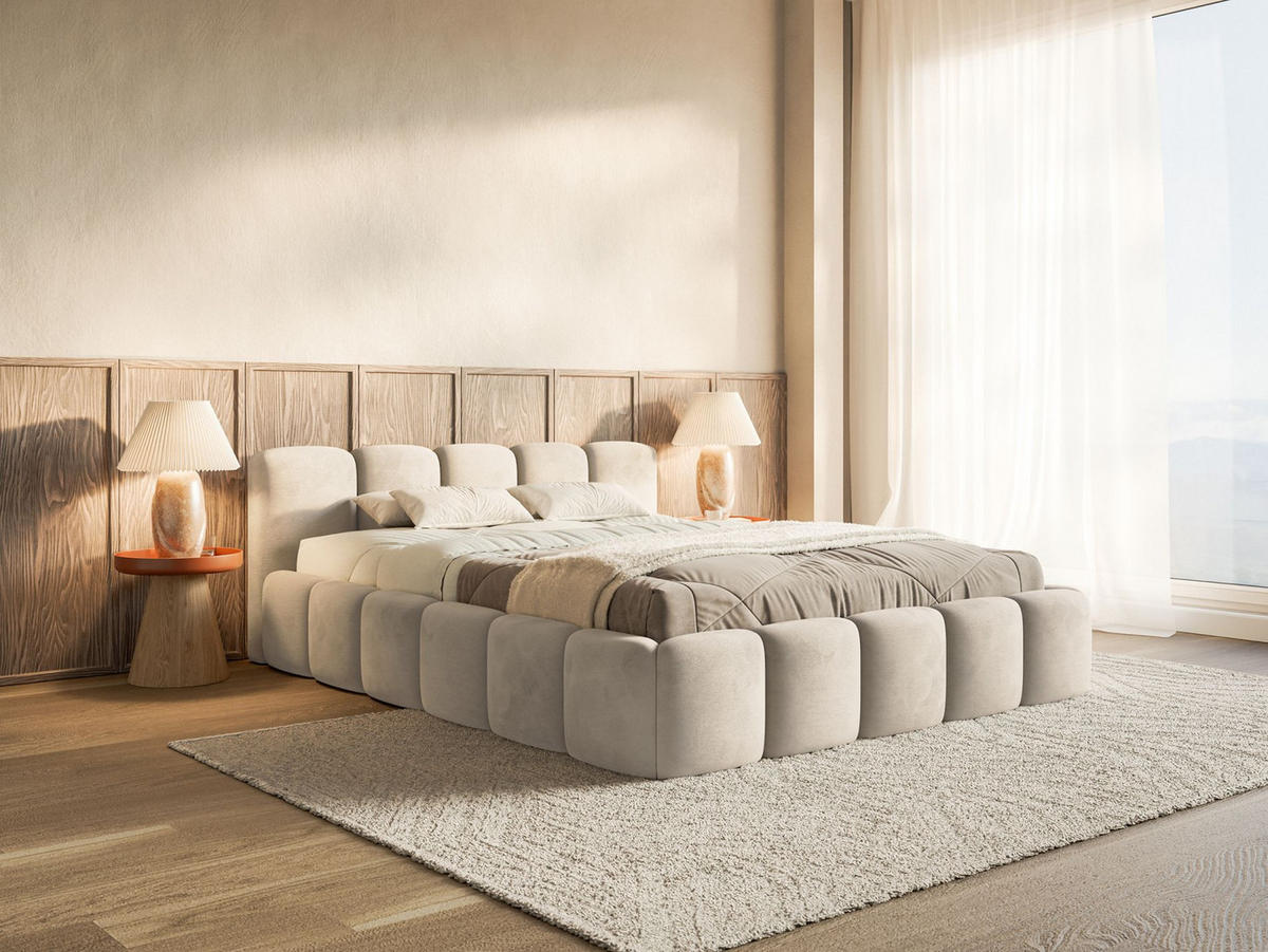 POLSTERBETT Cloudy Low Hellbeige Samtbezug mit Bettkasten 200x200 - Ecru, Textil (200/200cm) - Selsey