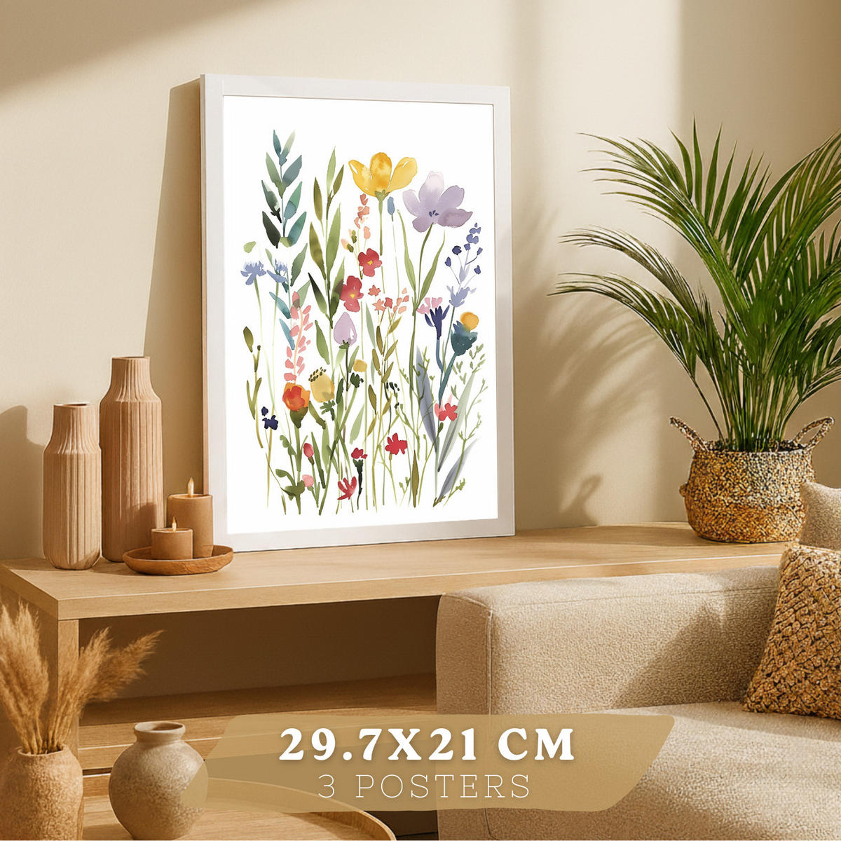 PLAKAT Sada 3 pastelových květinových potisků. Dekorativní nástěnné umění s barevnými květinami. Velikost Bílý rám A4 - bílá, papír (21/29.7/3cm) - Nacnic