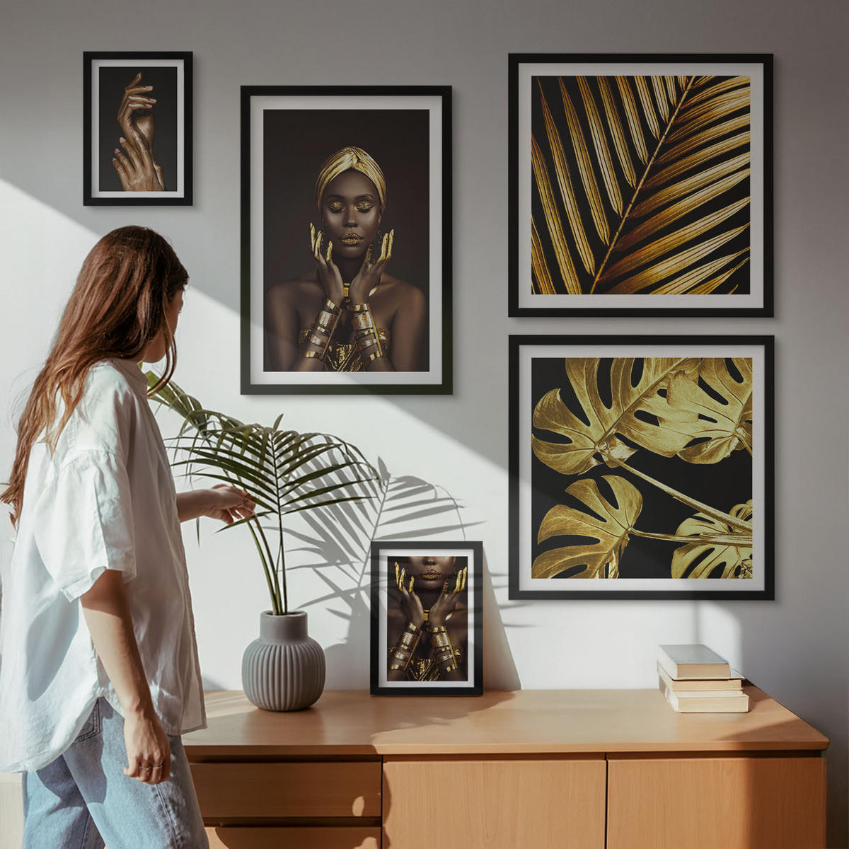 WANDBILDER 5er-Set - 50x50 cm & 20x30 cm & 40x60 cm Schwarzer Rahmen - Künstlerische Porträts von Frauen - Schwarz, Kunststoff (40/60cm) - ArtPrintCave