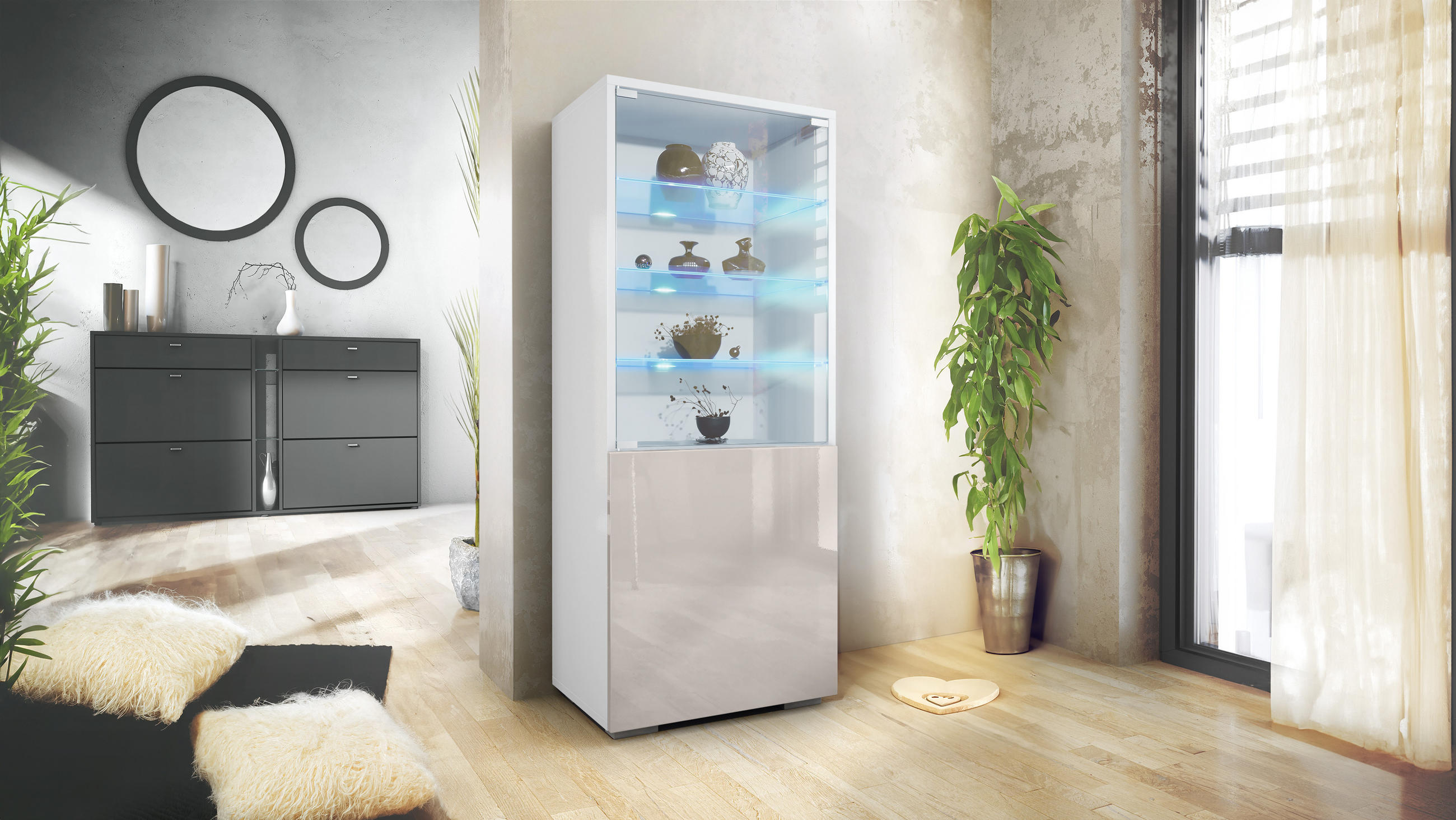 VITRINE Granada Sandgrau Hochglanz - Sandfarben, Holzwerkstoff (50/122.5/34.5cm) - Vladon
