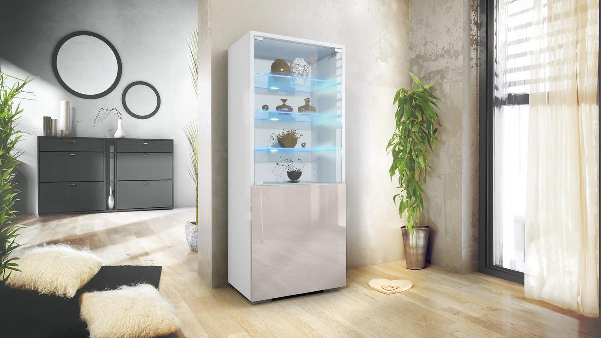 VITRINE Granada Sandgrau Hochglanz - Sandfarben, Holzwerkstoff (50/122.5/34.5cm) - Vladon