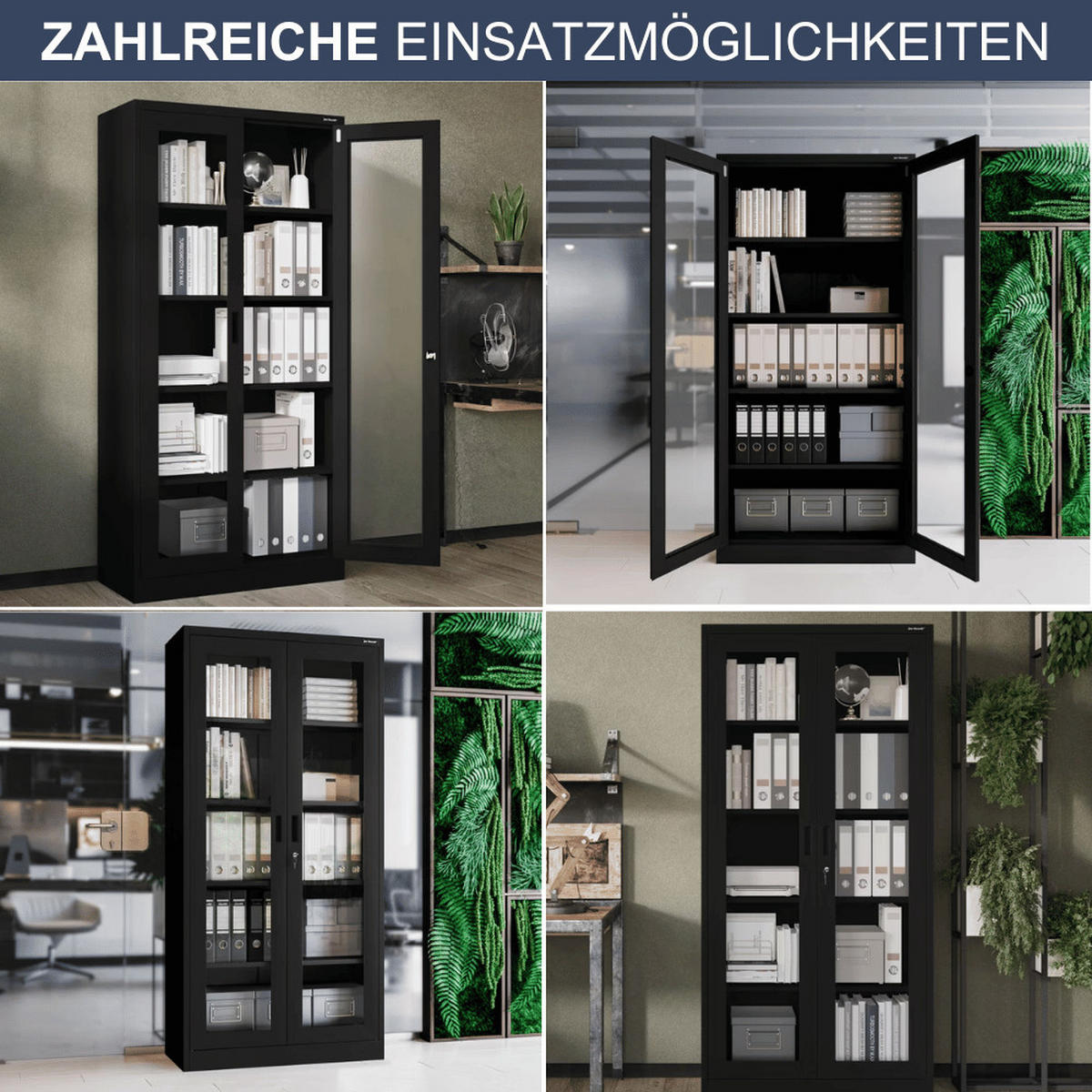 VITRINENSCHRANK abschließbar AMELIA mit Glastüren 185x90x40cm Schwarz - Schwarz, Metall (90/185/40cm) - Jan Nowak