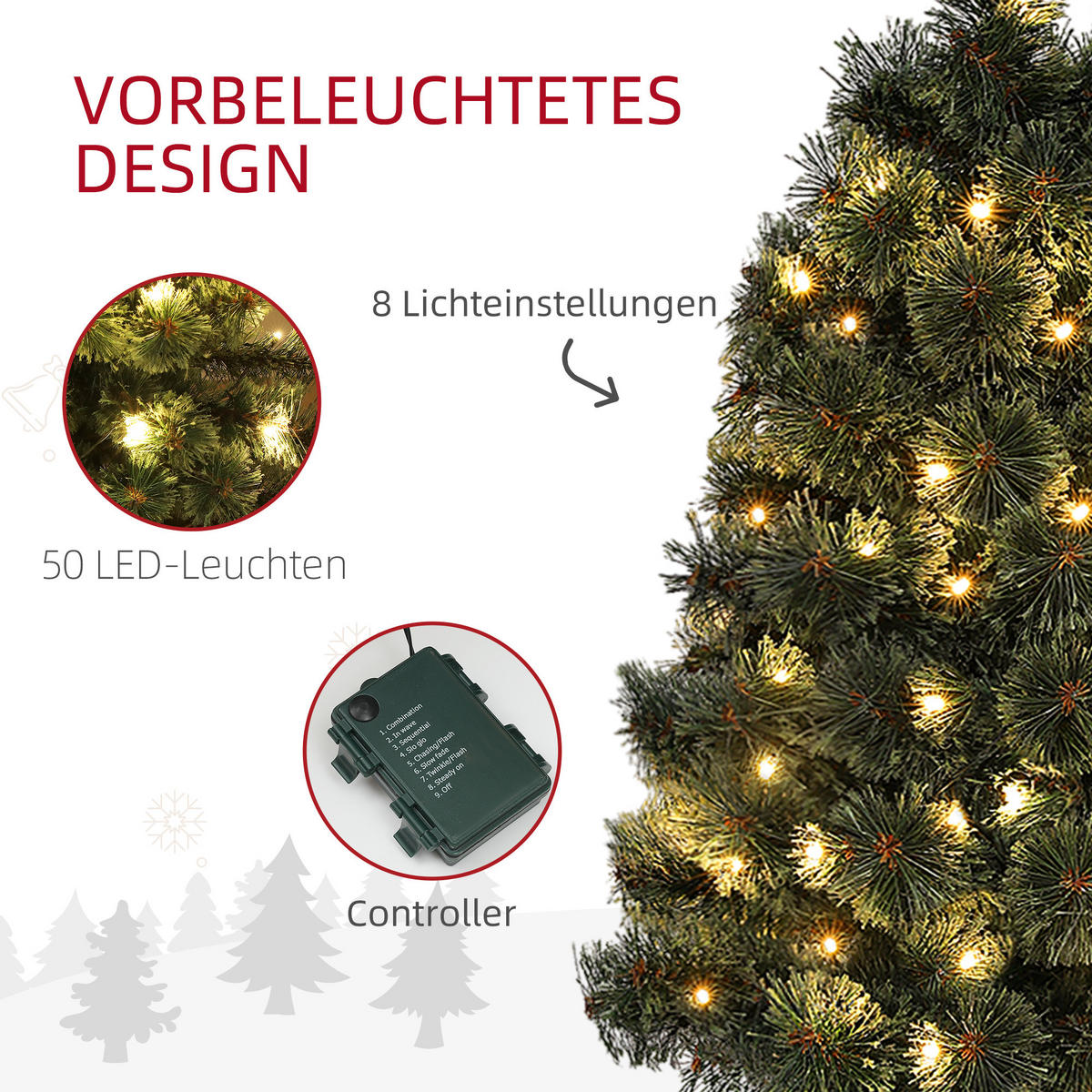KÜNSTLICHER Weihnachtsbaum mit LED-Leuchten, 90 cm Christbaum mit Fernbedienung - Grün, Kunststoff (45/90cm) - HOMCOM