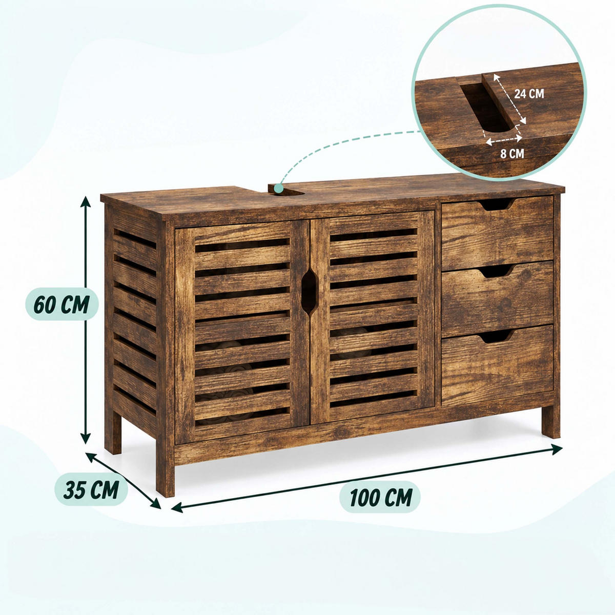 WASCHBECKENUNTERSCHRANK Vintagebraun 3 Schubladen - Braun, Holzwerkstoff/Textil (100/60/35cm) - Relaxdays