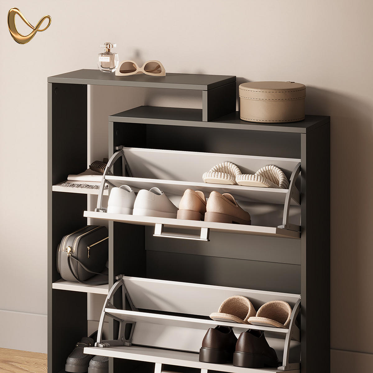 SCHUHKIPPER Ortello Anthrazit/Greige 80 x 90 cm - Greige/Anthrazit, Holzwerkstoff (80/90/24.2cm) - Livinity®