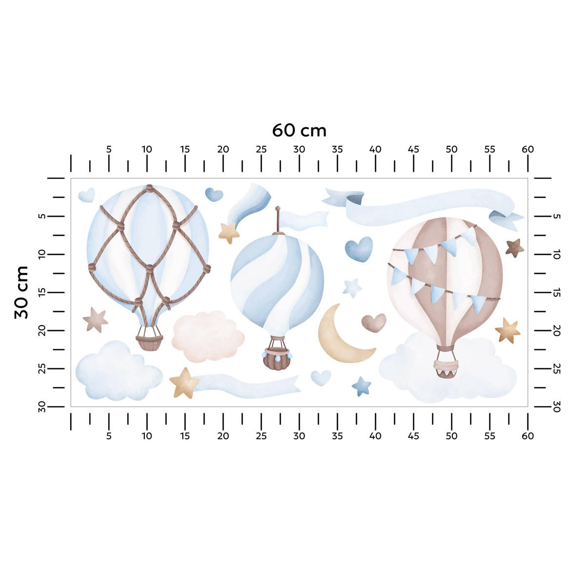 STICKER SET für Kinder blaue Luftballons Wolken Sterne Boho 60x30 - Beige/Braun, Papier (60/30/1cm) - Muralo