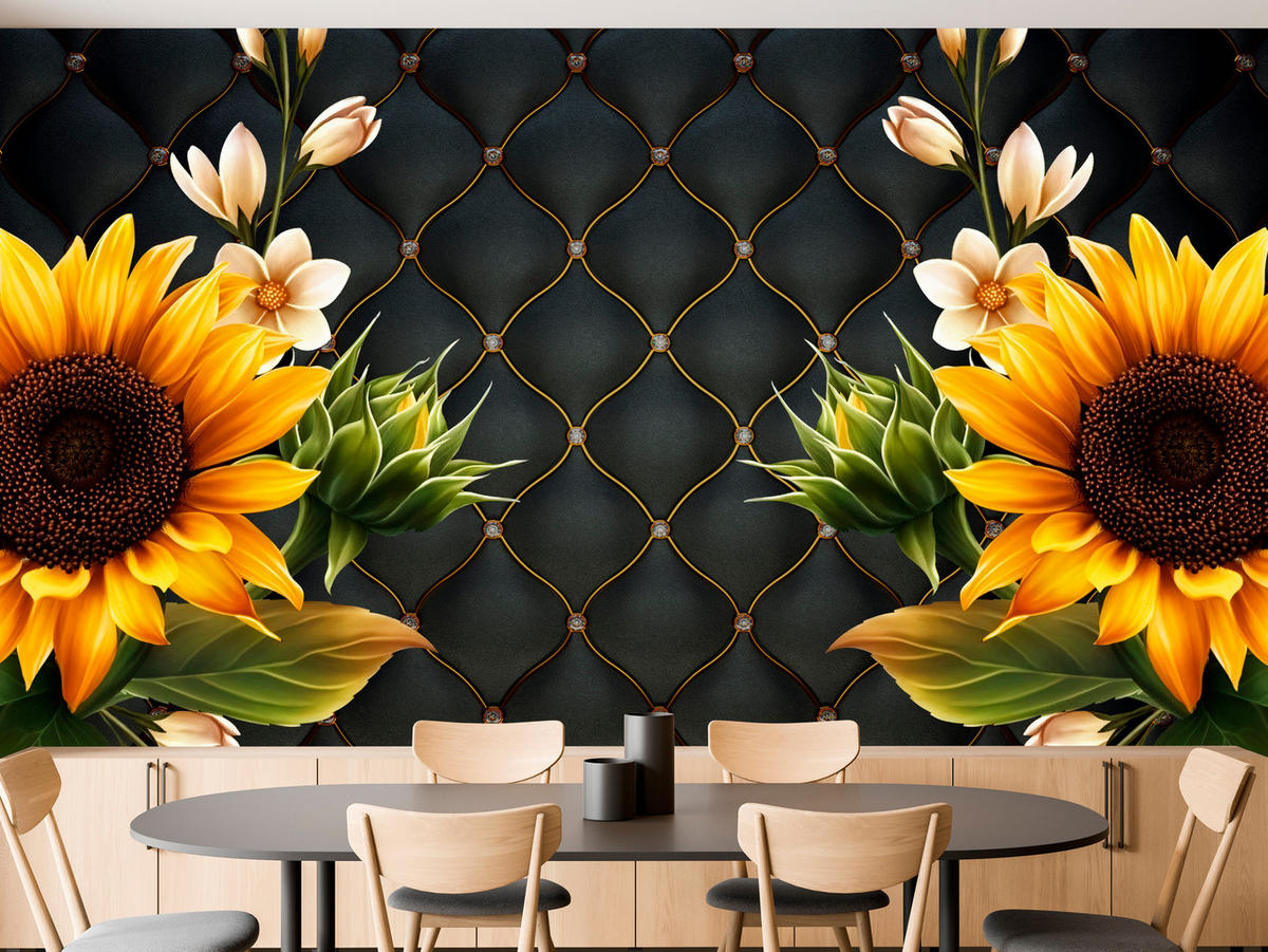FOTOTAPETE für Küche Blume Sonnenblumen auf gestepptem Hintergrund 450x315 - Gelb/Schwarz, Papier (450/315cm) - Muralo