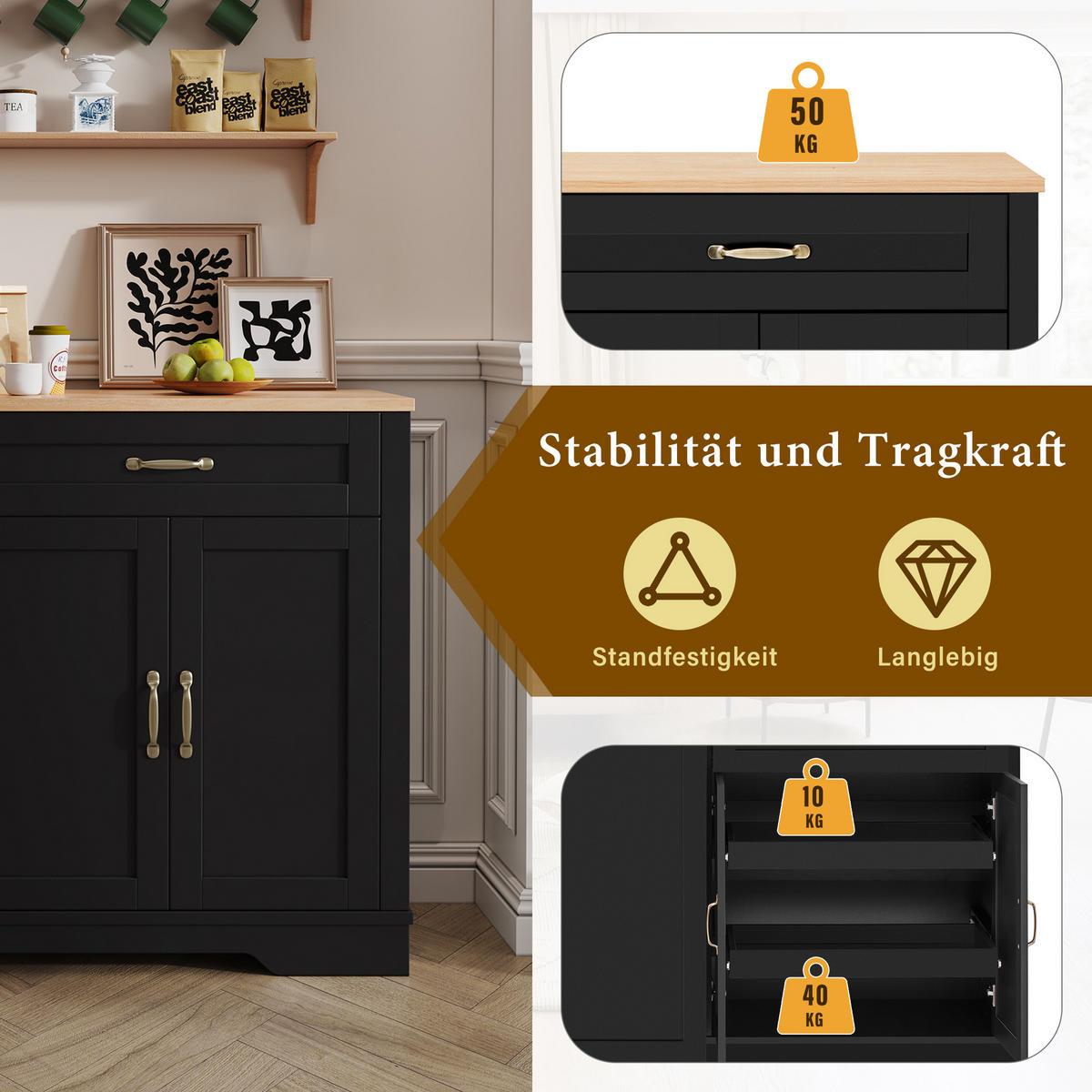 SIDEBOARD mit 3 Türen, Schublade und ausziehbaren Regalen, Schwarz - Schwarz, Holzwerkstoff (115/87/40cm)