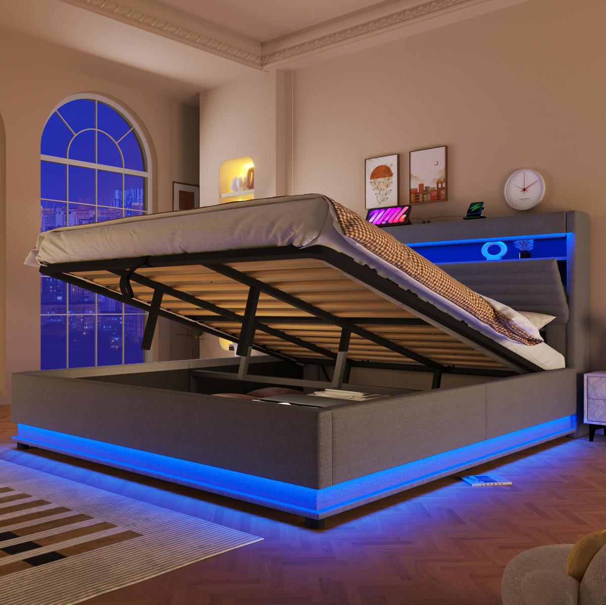 POLSTERBETT 180/200 cm mit LED-Beleuchtung, USB- und Typ-C-Anschluss, hydraulischem Stauraum und Leinenbezug, Grau - Grau, Textil (180/200cm) - Redom