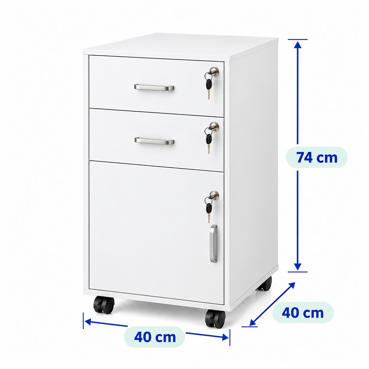 ROLLCONTAINER Weiß abschließbar 2 Schubladen 74x40x40 cm - Weiß, Holzwerkstoff/Metall (40/74/40cm) - Relaxdays