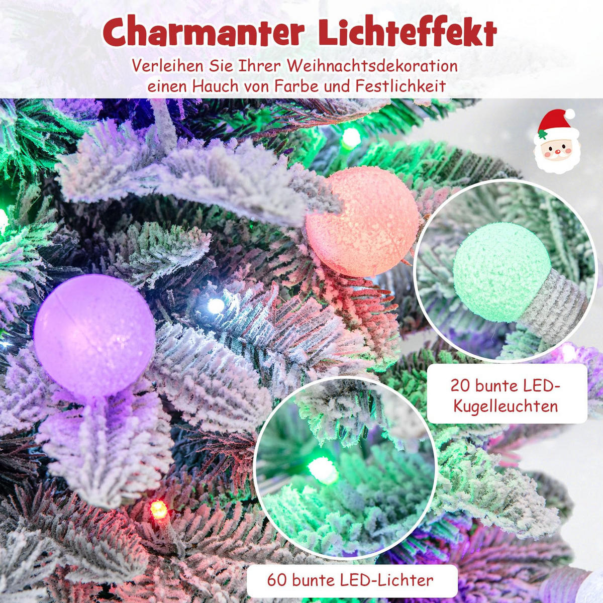 WEIHNACHTSBAUM beflockte Tannenform mit bunten LEDs 100 cm grün - Grün, Metall (100cm) - COSTWAY