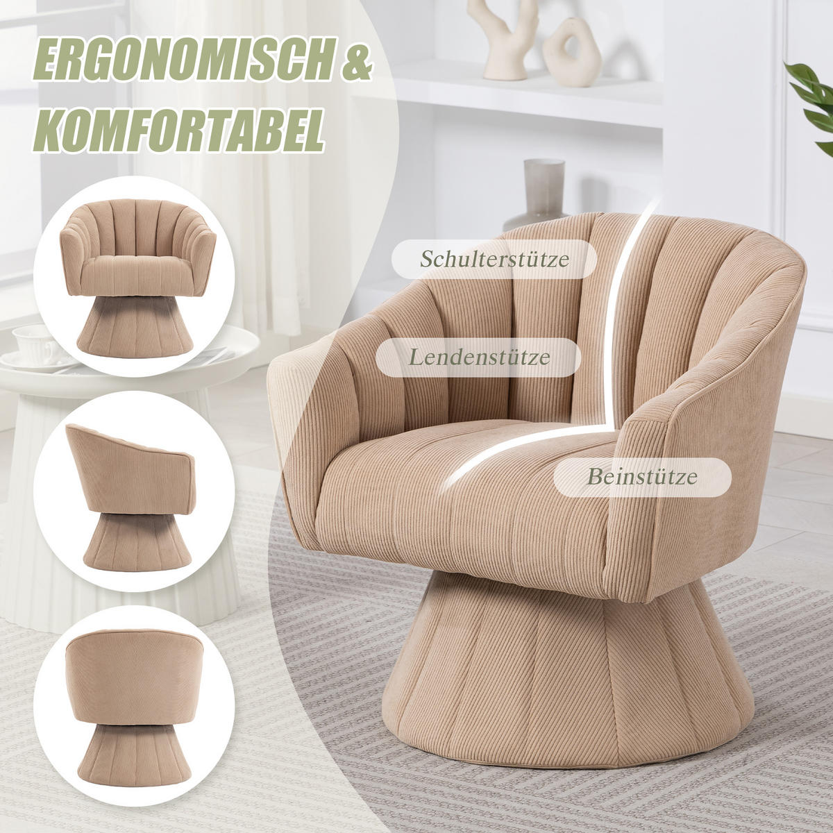 DREHSTUHL Moderner 360° Beige mit Cord-Bezug - Beige, Textil (70/72/66cm) - Urban Meuble
