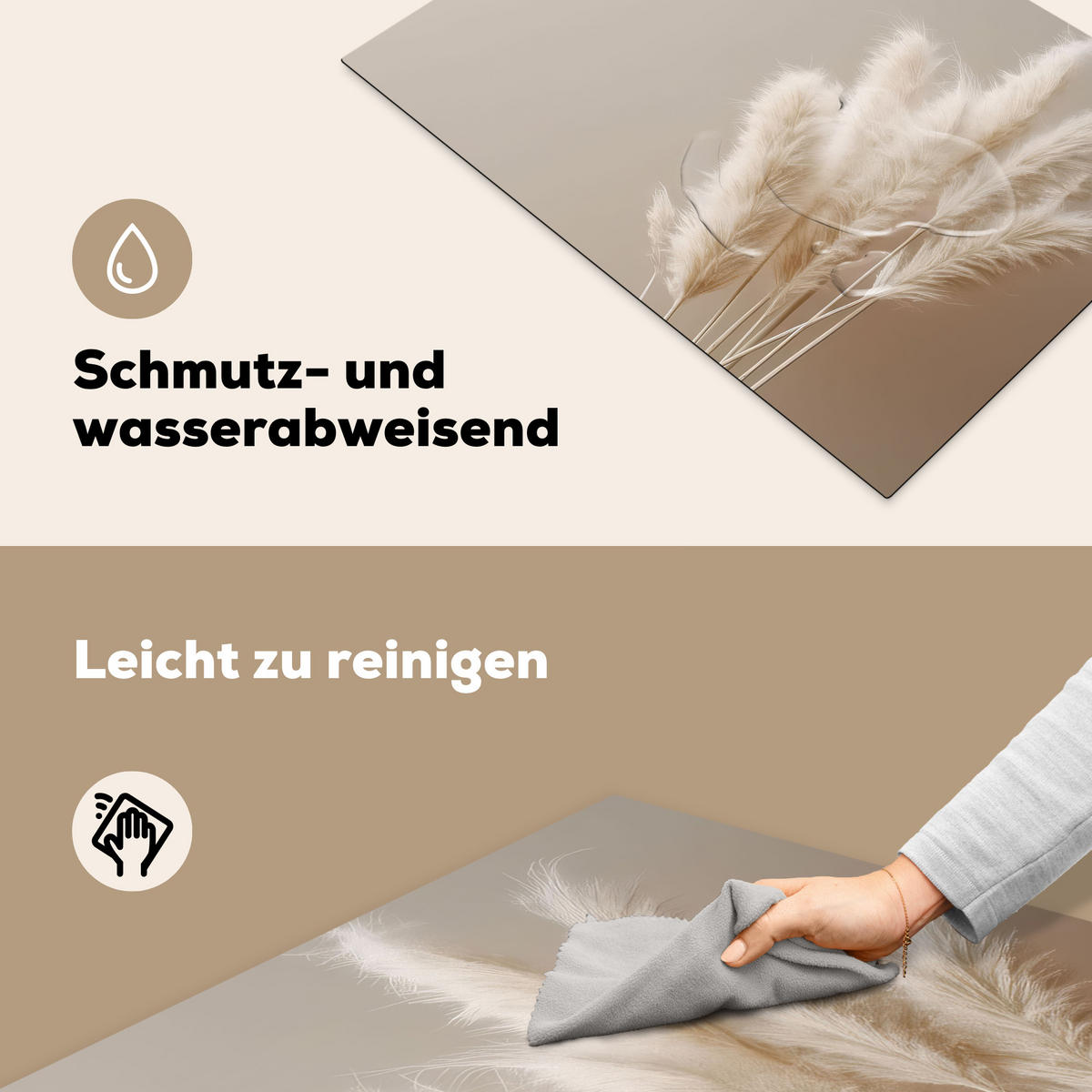 HERDABDECKPLATTE Pampasgras - Federn - Pastell - Weiß Herdabdeckung Induktionsfeld 75x52 cm - Creme, Kunststoff (75/52/0.2cm) - MuchoWow