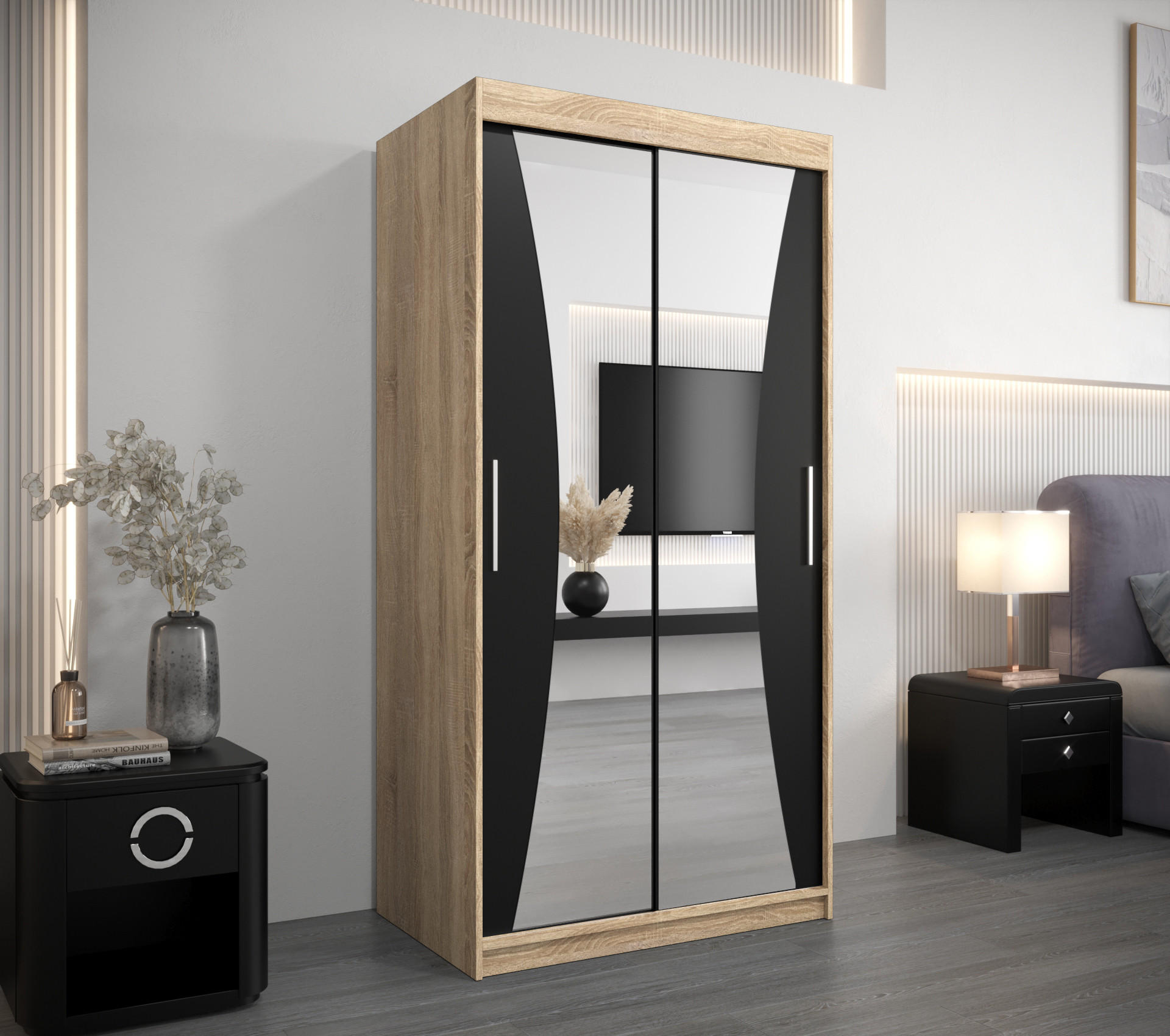 SCHWEBETÜRENSCHRANK 200/100/62 2-türig - Silberfarben/Schwarz, Holz/Kunststoff (100/200/62cm) - Abiks Möbel