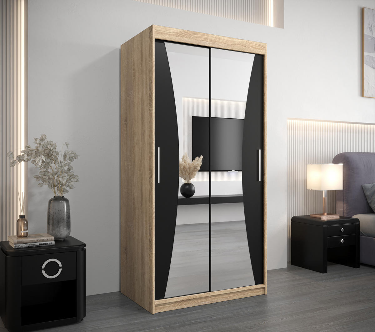 SCHWEBETÜRENSCHRANK 200/100/62 2-türig - Silberfarben/Schwarz, Holz/Kunststoff (100/200/62cm) - Abiks Möbel