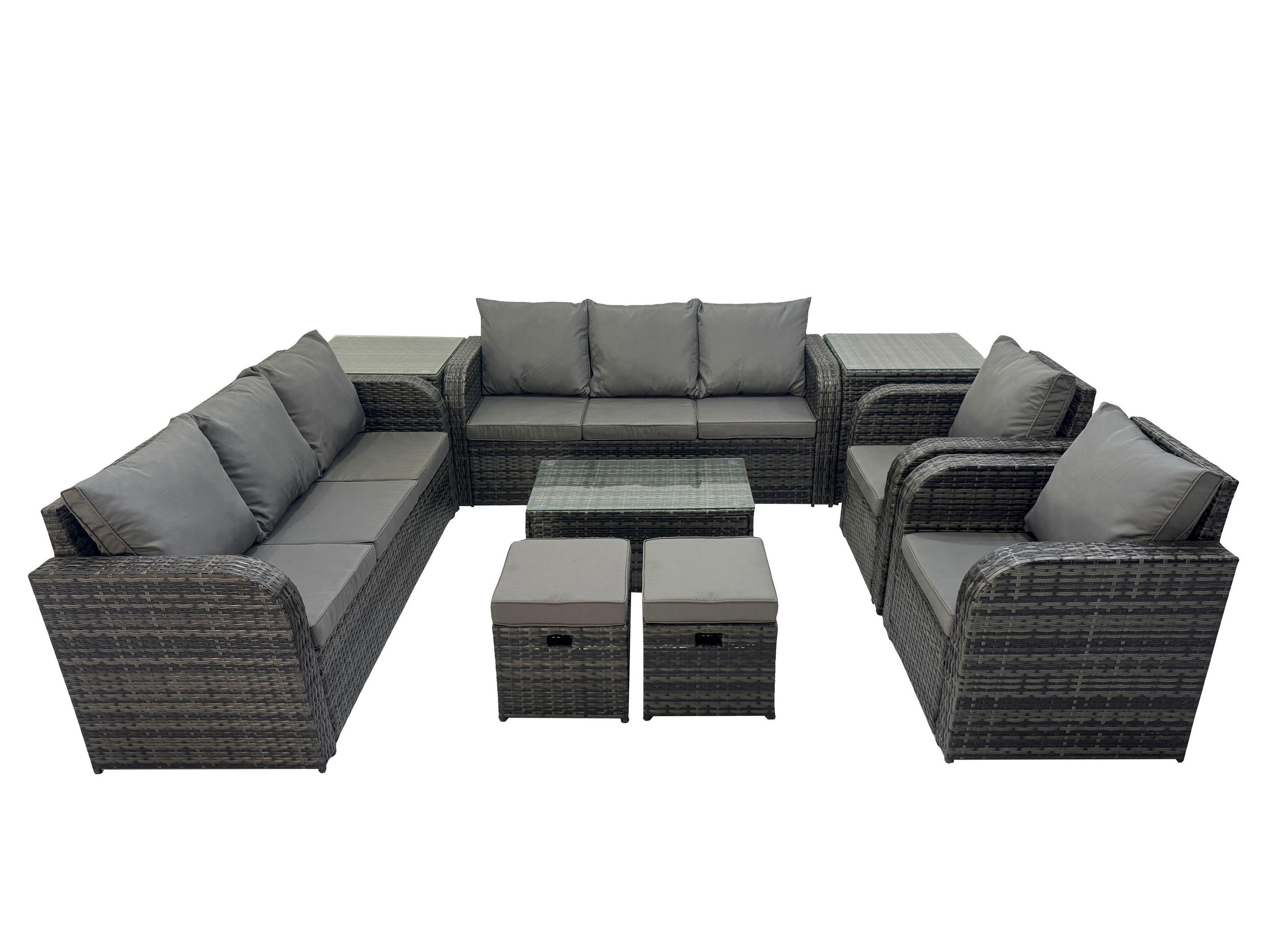 GARTENMÖBEL-SET mit Kissen Polyrattan Dunkelgrau 10-Sitzer - Dunkelgrau/Grau, Glas/Kunststoff - Fimous
