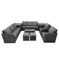 GARTENMÖBEL-SET mit Kissen Polyrattan Dunkelgrau 10-Sitzer - Dunkelgrau/Grau, Glas/Kunststoff - Fimous