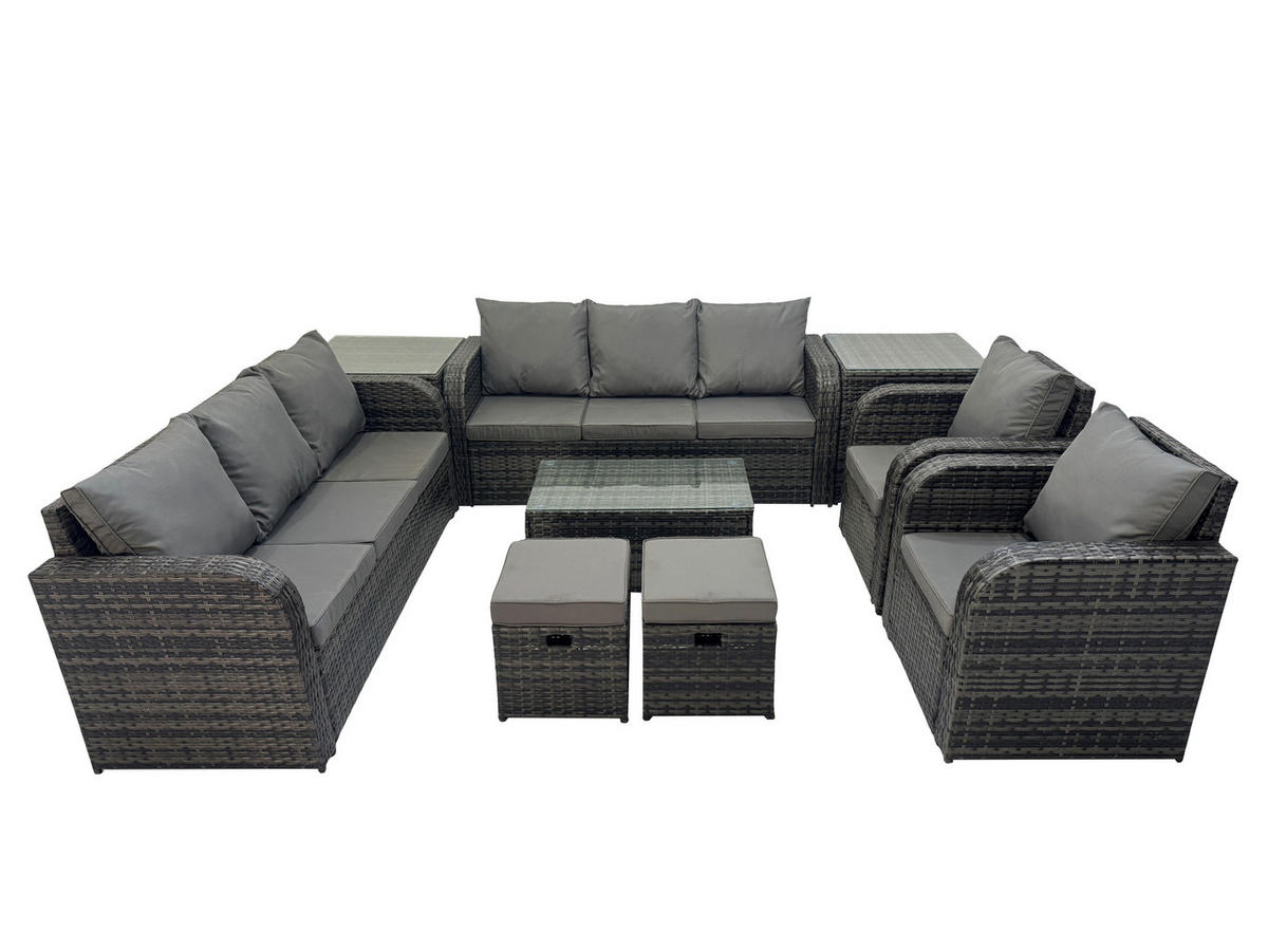 GARTENMÖBEL-SET mit Kissen Polyrattan Dunkelgrau 10-Sitzer - Dunkelgrau/Grau, Glas/Kunststoff - Fimous